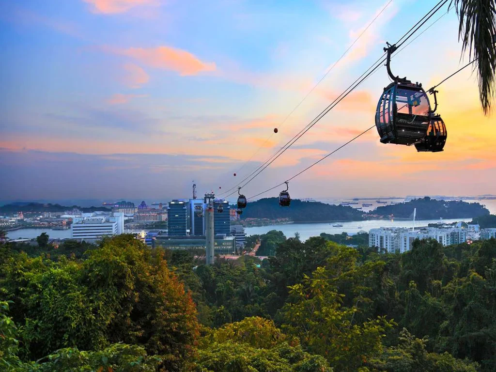 Panoramic view from the Cable Car Sky Pass over Keppel Harbour and Sentosa beaches