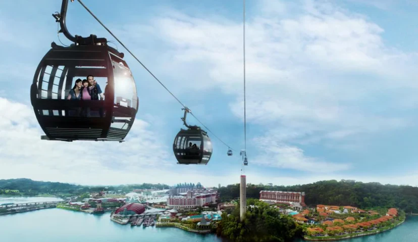 View from the Cable Car Sky Pass cabin approaching Sentosa Island
