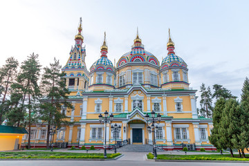 The stunning Zenkov Cathedral, a brightly colored wooden church with intricate details, located in Panfilov Park, Almaty, Kazakhstan, as part of the Almaty City Tour.