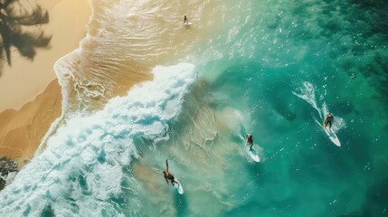 "Surfers riding turquoise waves at Bali’s pristine beaches, capturing the thrill of adventure activity in Bali the golden sands and azure waters. Perfect for surfing enthusiasts and beach lovers."