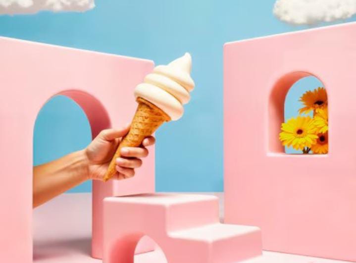 A pink background featuring a soft-serve ice cream cone held out of a frame, complemented by vibrant flowers in a second frame, creating a playful and artistic vibe.