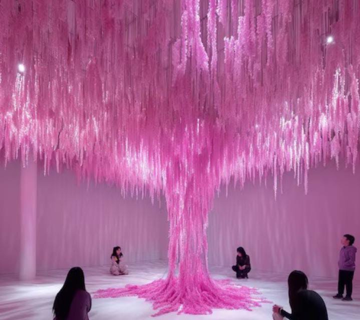 People gathered around a vibrant pink tree in a whimsical setting, creating a lively and joyful atmosphere