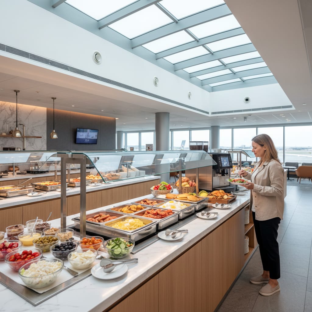 airport lounge buffet spread with food and beverages in India