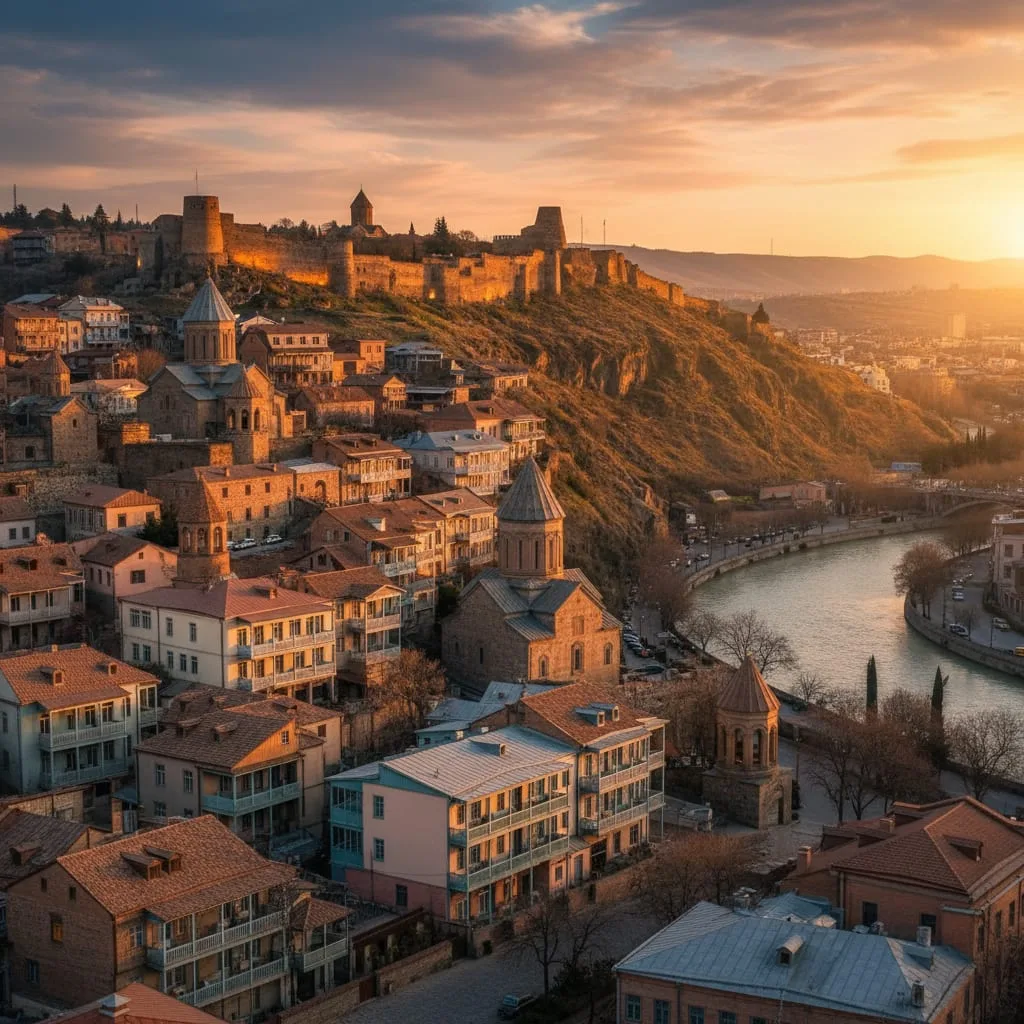 Tbilisi old town colorful houses cascading down hillside with Narikala Fortress at sunset