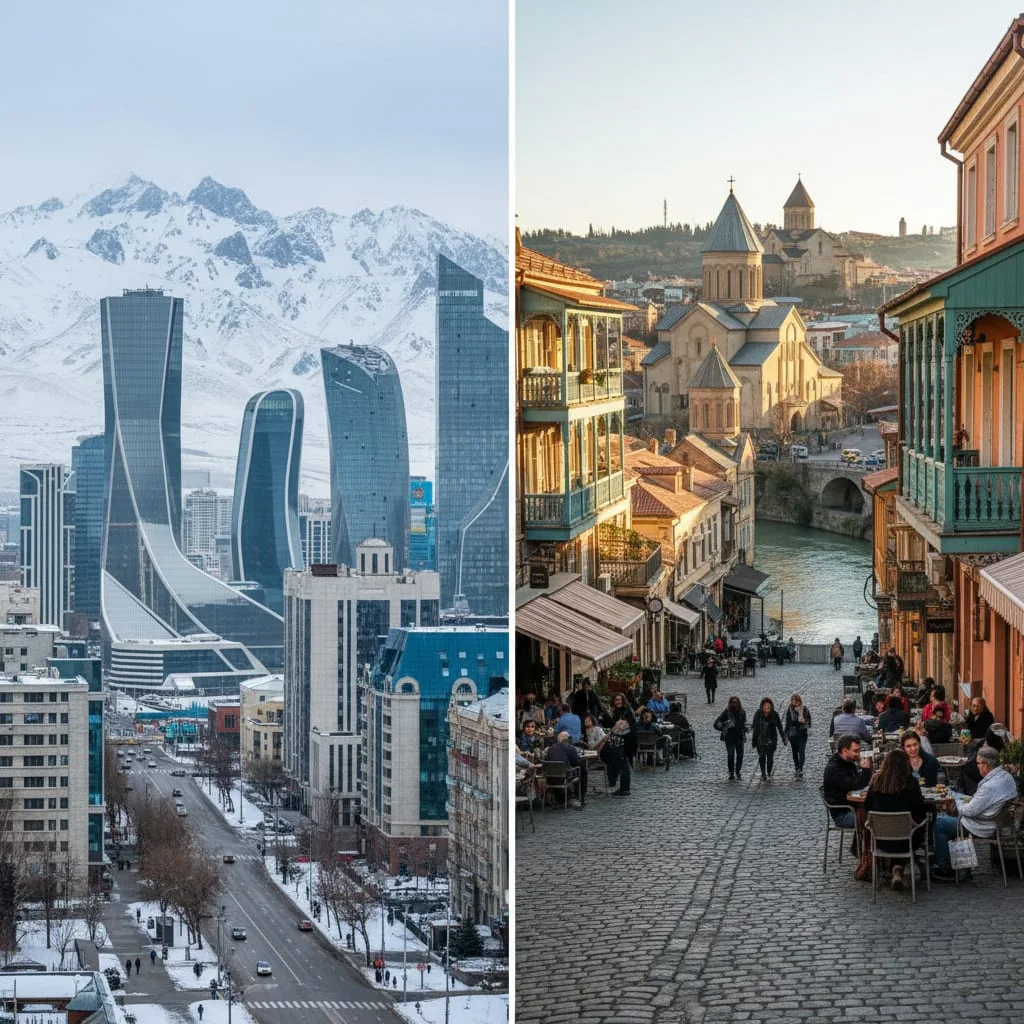 Almaty vs Georgia trip from India comparison showing both city skylines