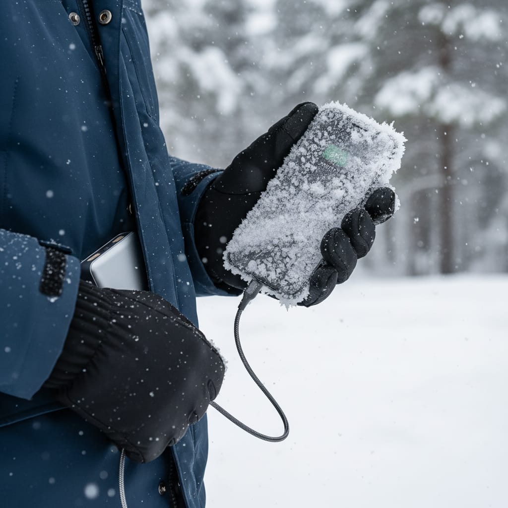 Smartphone with frozen screen and power bank in extreme cold weather