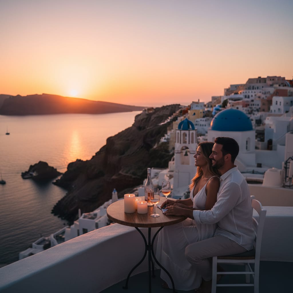 couple celebrating wedding anniversary trip international from india at sunset