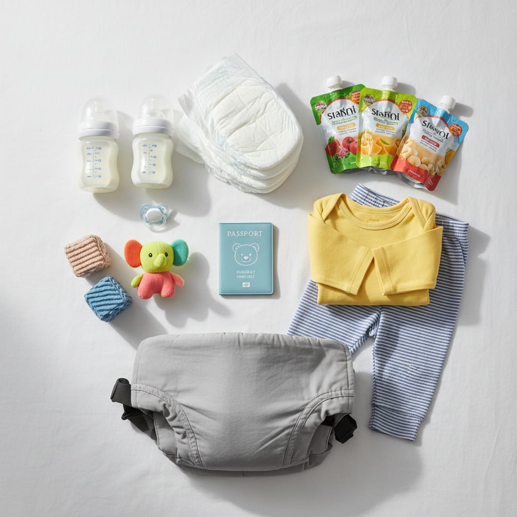 baby travel essentials packed for international trip