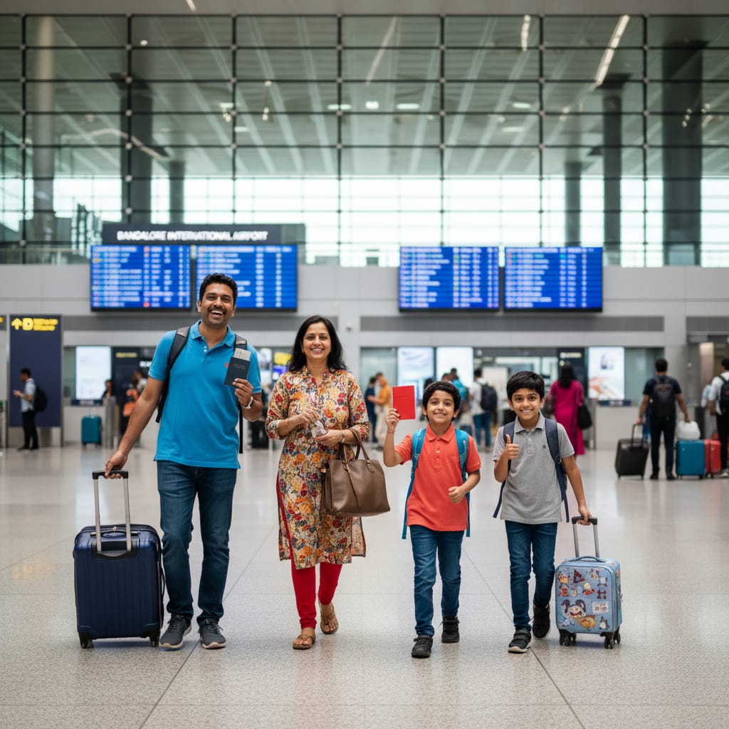 Indian family at Bangalore airport excited for international trip with luggage and passports