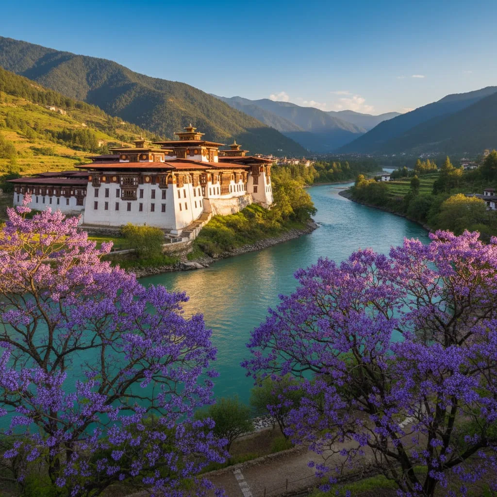 Punakha Dzong fortress Bhutan with jacaranda trees