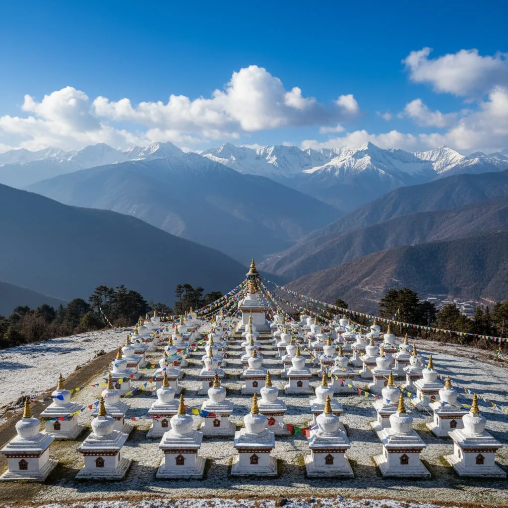 Dochula Pass 108 stupas with Himalayan mountain view