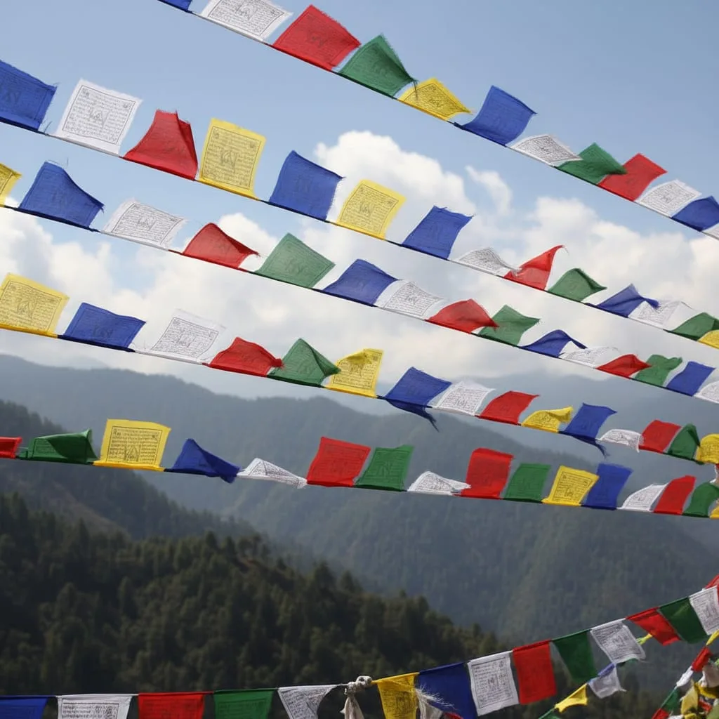 Buddhist prayer flags fluttering on Bhutan mountain pass