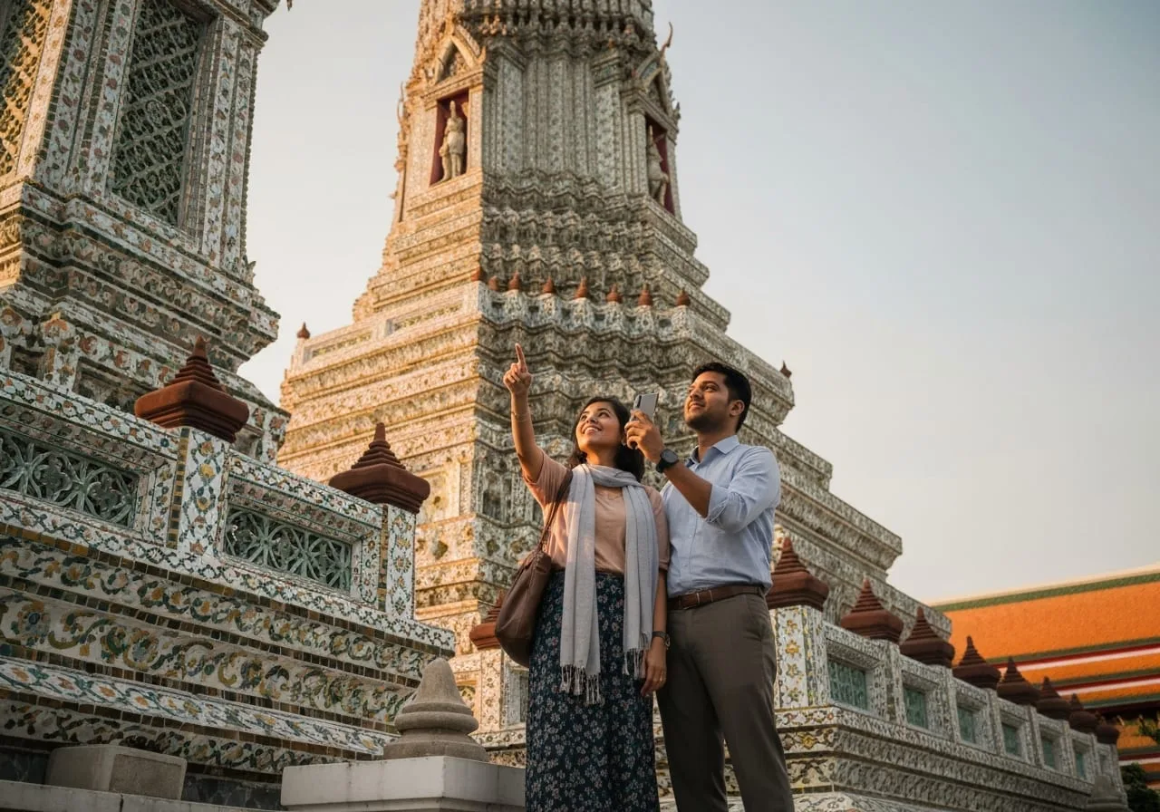 couple visiting Wat Arun temple Bangkok Thailand budget honeymoon