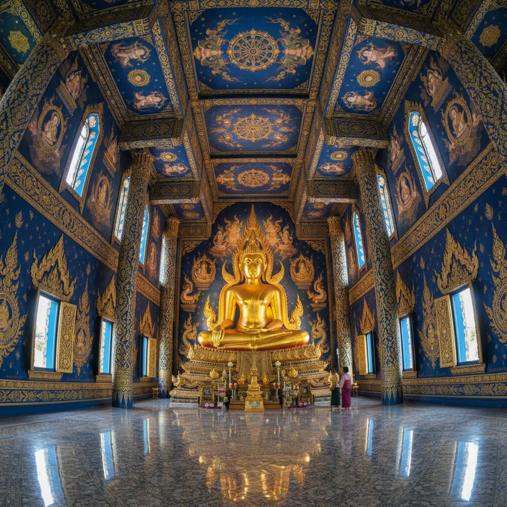 Blue Temple Wat Rong Suea Ten interior in Chiang Rai