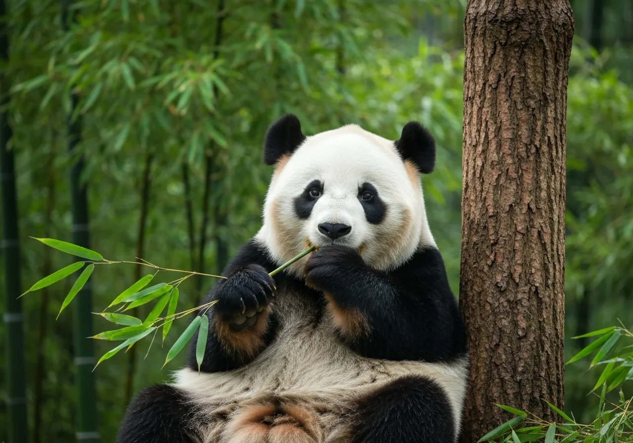 Giant panda eating bamboo at Chengdu research base