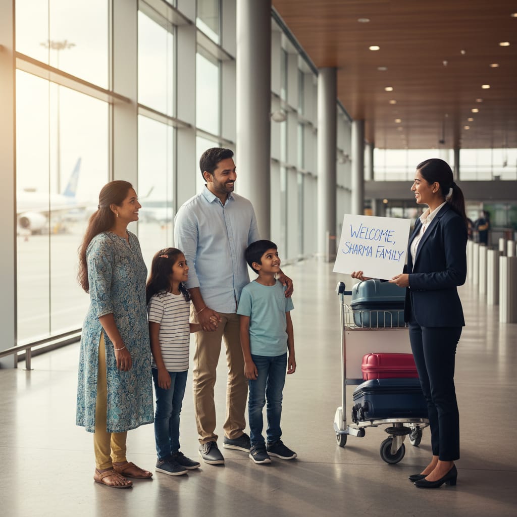 Professional travel agency airport transfer service greeting family