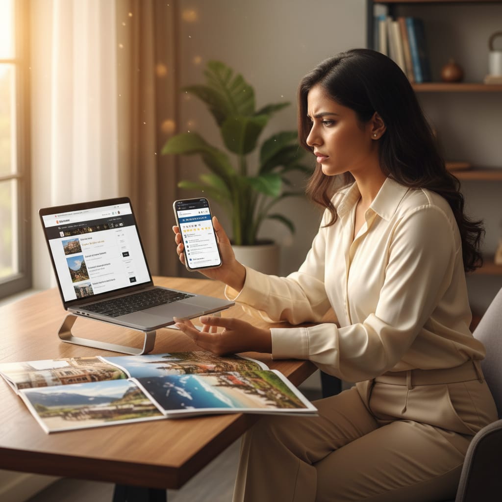 How to choose travel agency by comparing reviews on phone and checking brochures