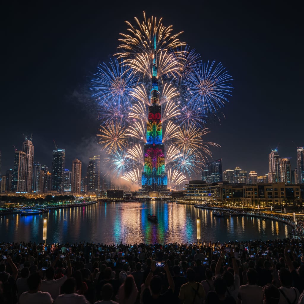 Dubai skyline with New Year fireworks over Burj Khalifa