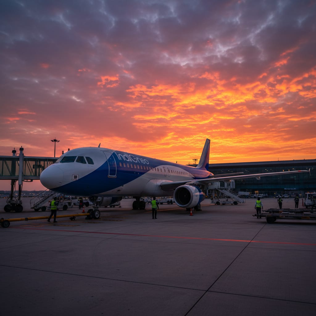 direct flights South India aircraft on tarmac at sunset