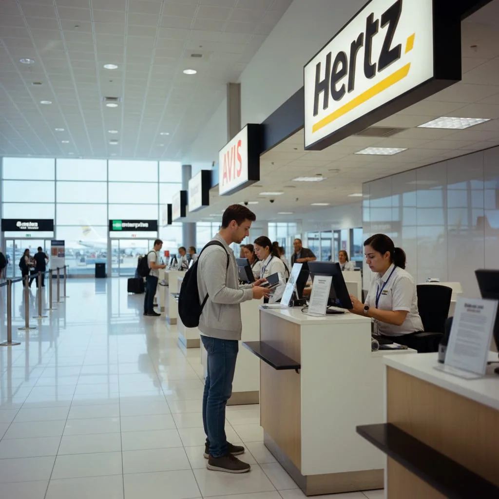 Car rental counter at international airport showing documents for international driving license India