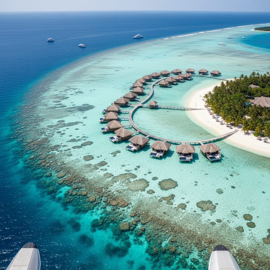 Aerial view of Maldives overwater villas and turquoise lagoon