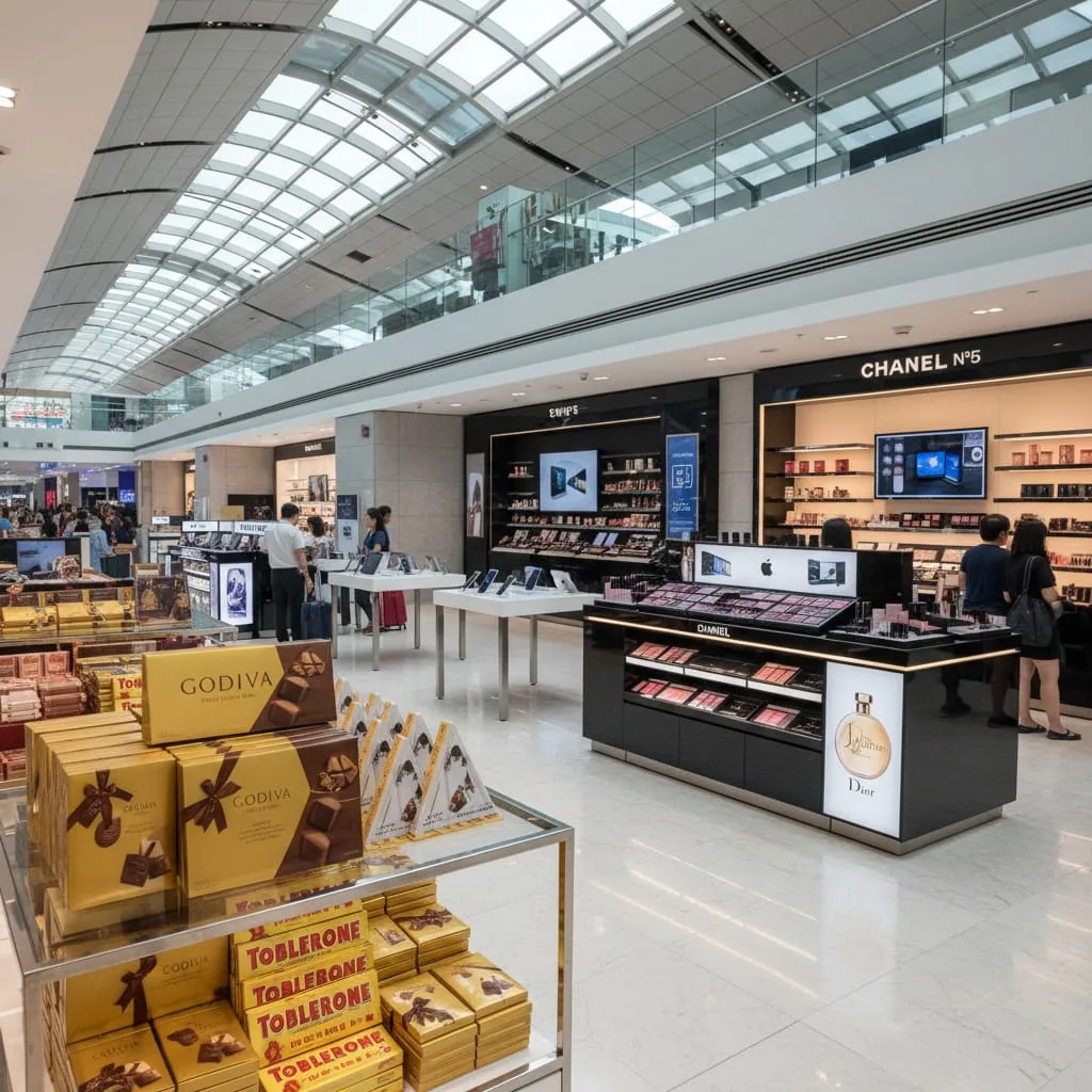 Singapore Changi Airport duty free area with chocolates and cosmetics displays