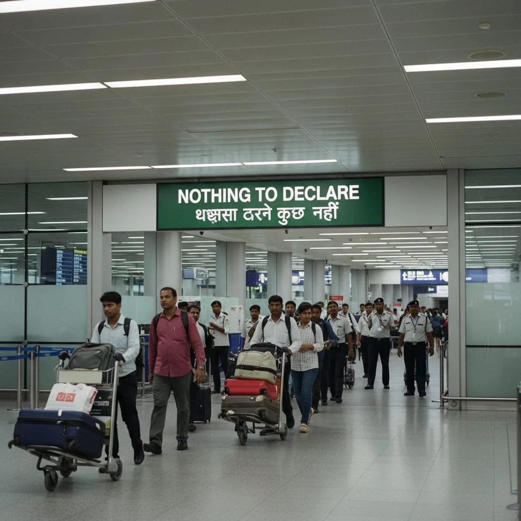 Indian customs green channel with Nothing to Declare sign at airport