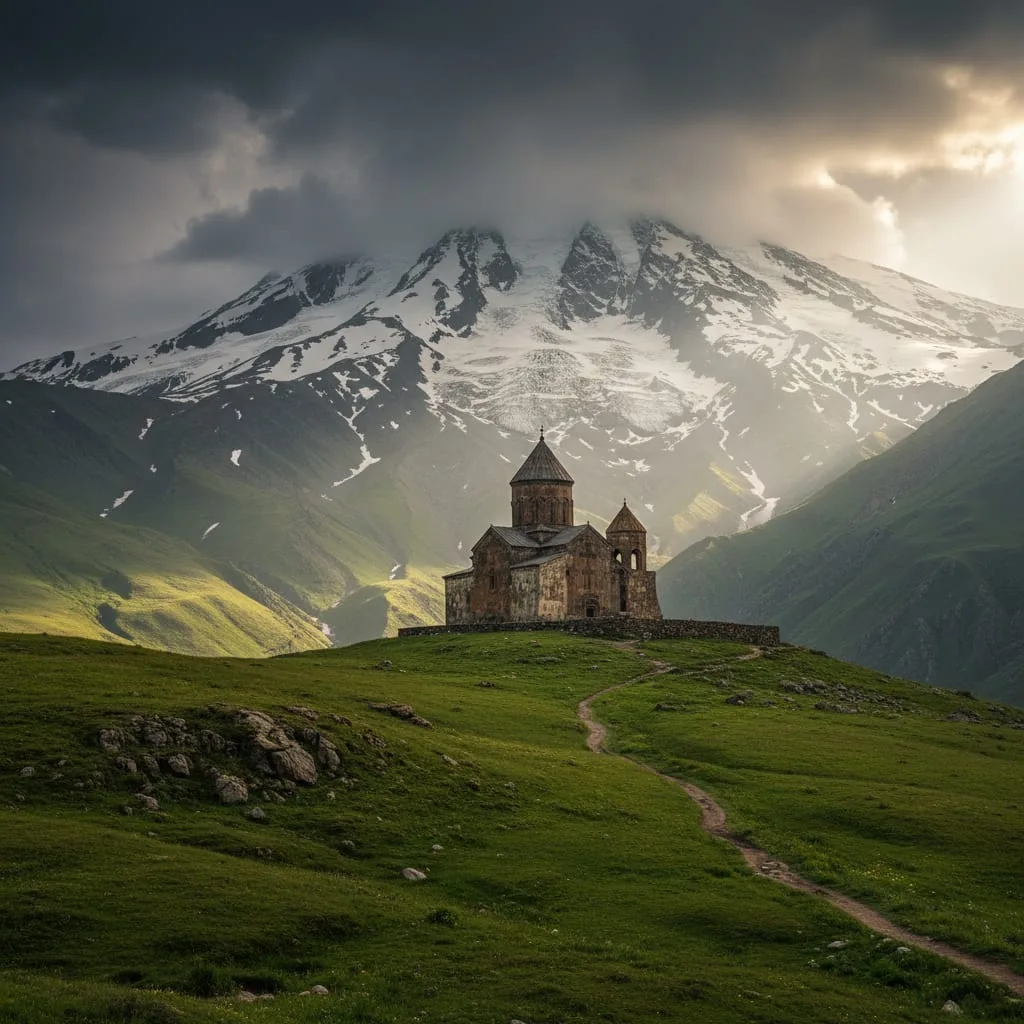 Gergeti Trinity Church with Mount Kazbegi snow-capped peak and dramatic clouds