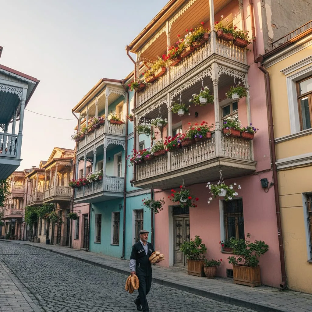 Colorful traditional wooden balconies of old Tbilisi houses in morning light