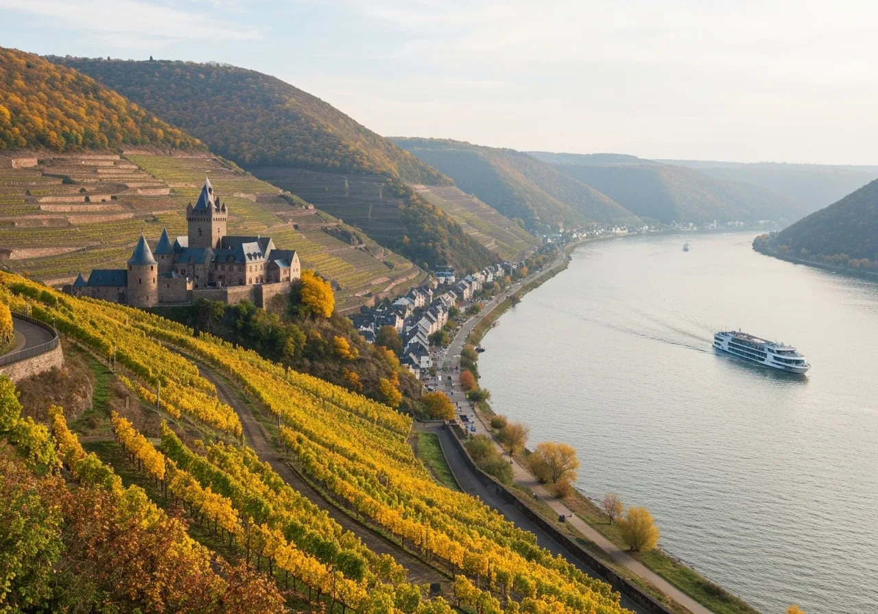 Rhine Valley castles along the river with autumn vineyards