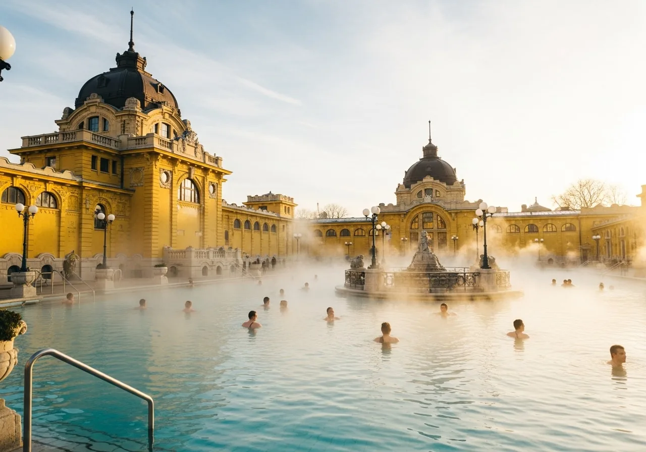 Budapest Széchenyi thermal bath featuring ornate yellow architecture and steaming outdoor pools perfect for glowcation wellness destinations