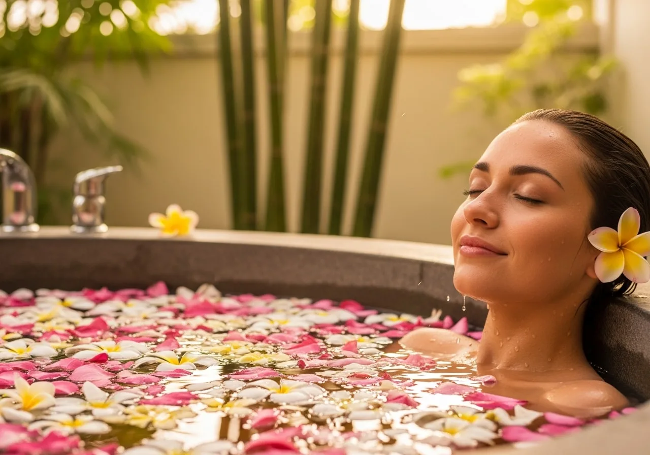 Bali flower petal bath spa ritual at glowcation wellness destinations in Ubud