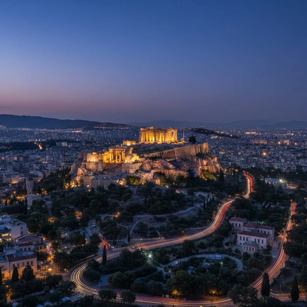 Athens Acropolis Parthenon night view illuminated