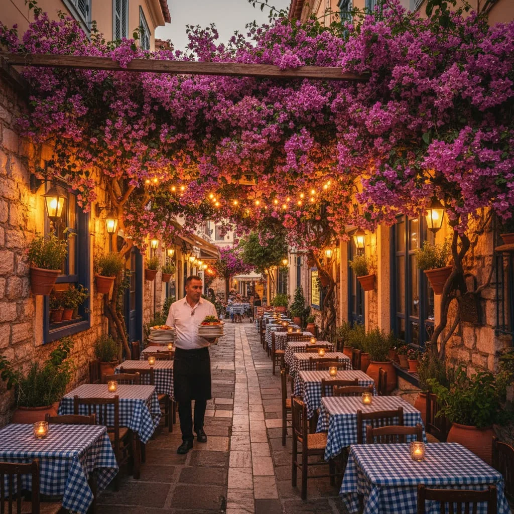Traditional Greek taverna Plaka Athens outdoor seating bougainvillea