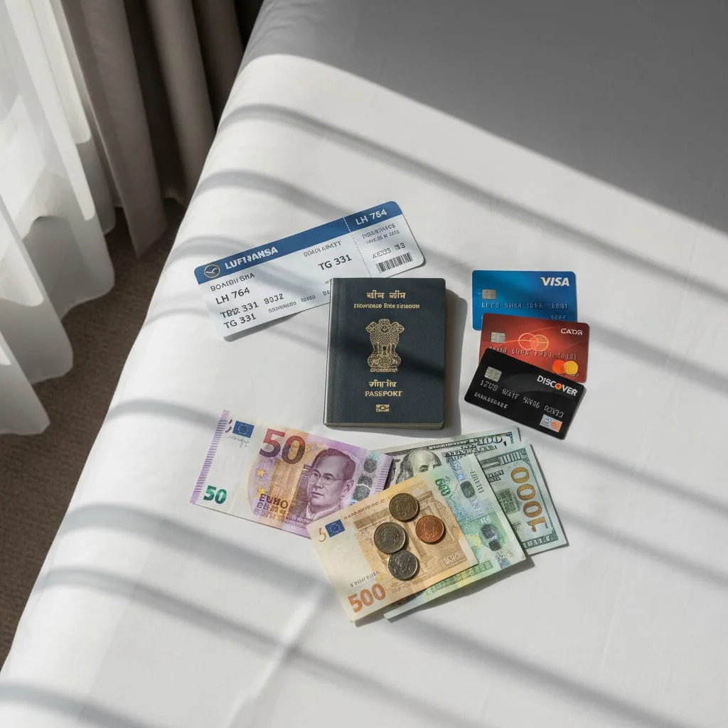 Indian passport with boarding passes and foreign currency on hotel bed