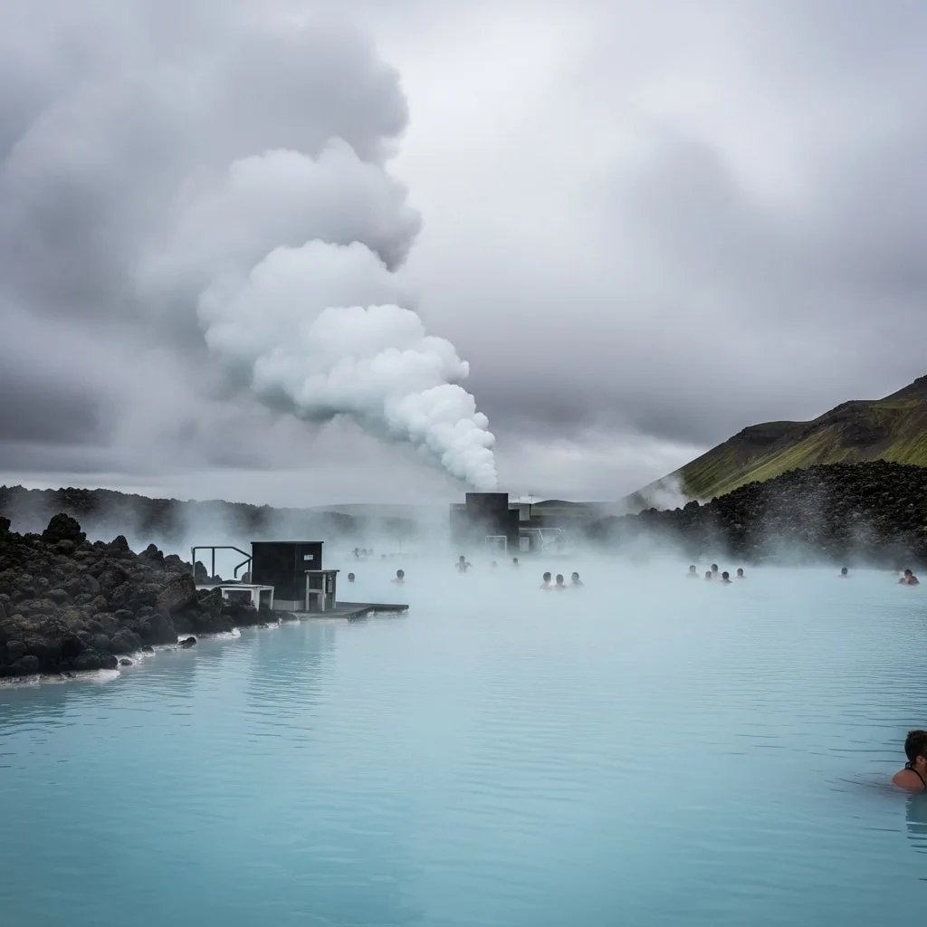 Blue Lagoon geothermal spa in Iceland with milky blue water and steam rising