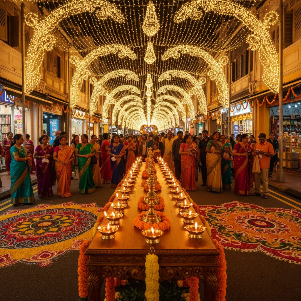 Indian festivals celebrated abroad - Diwali lights in Singapore Little India