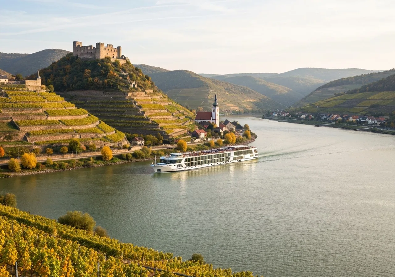 Mediterranean cruise from India showing European river cruise ship on Danube