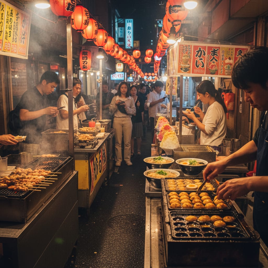 Japanese street food market with takoyaki yakitori and ramen stalls