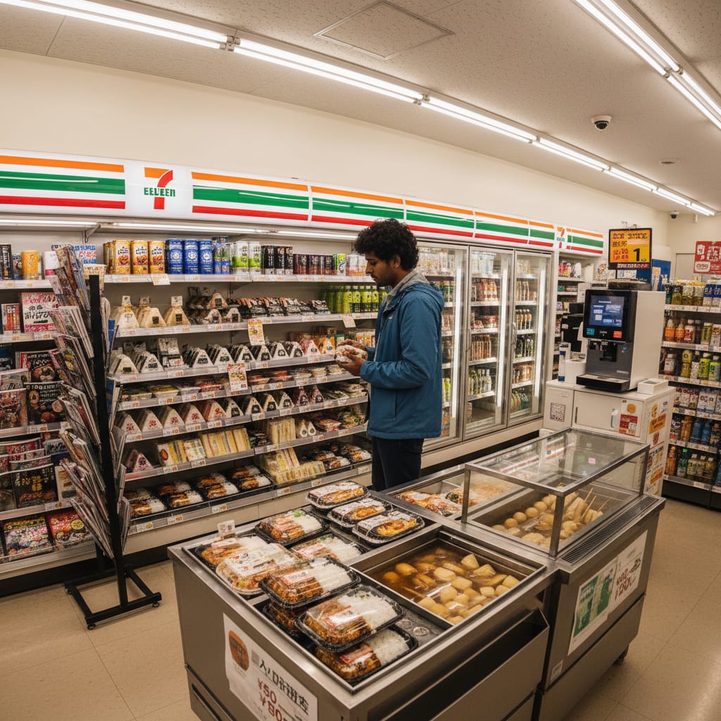 Japanese convenience store interior with onigiri section budget travel Japan
