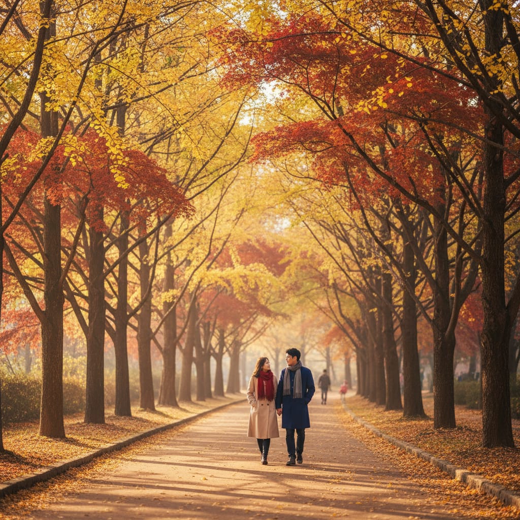kdrama filming locations korea nami island autumn path