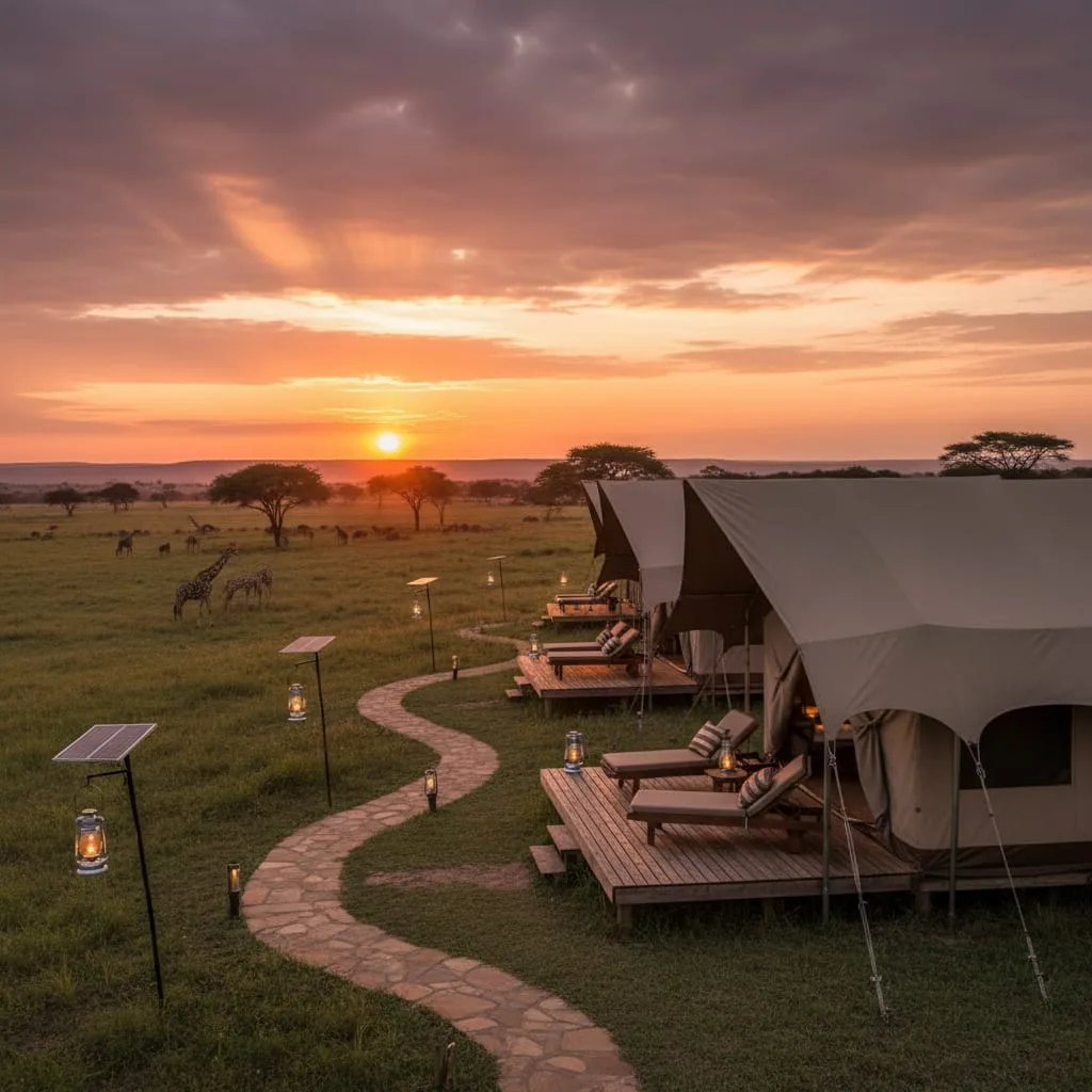 Luxury safari tent camp Masai Mara at sunset