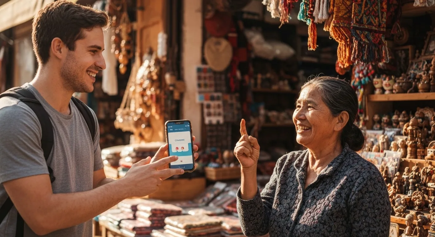 Indian traveler using translation app with local vendor abroad
