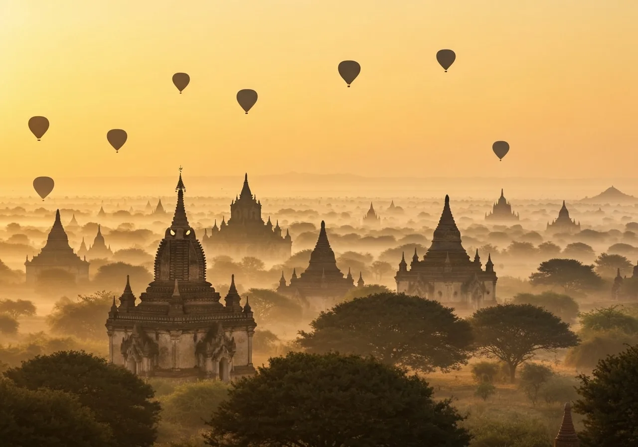 Bagan temples sunrise with hot air balloons Myanmar