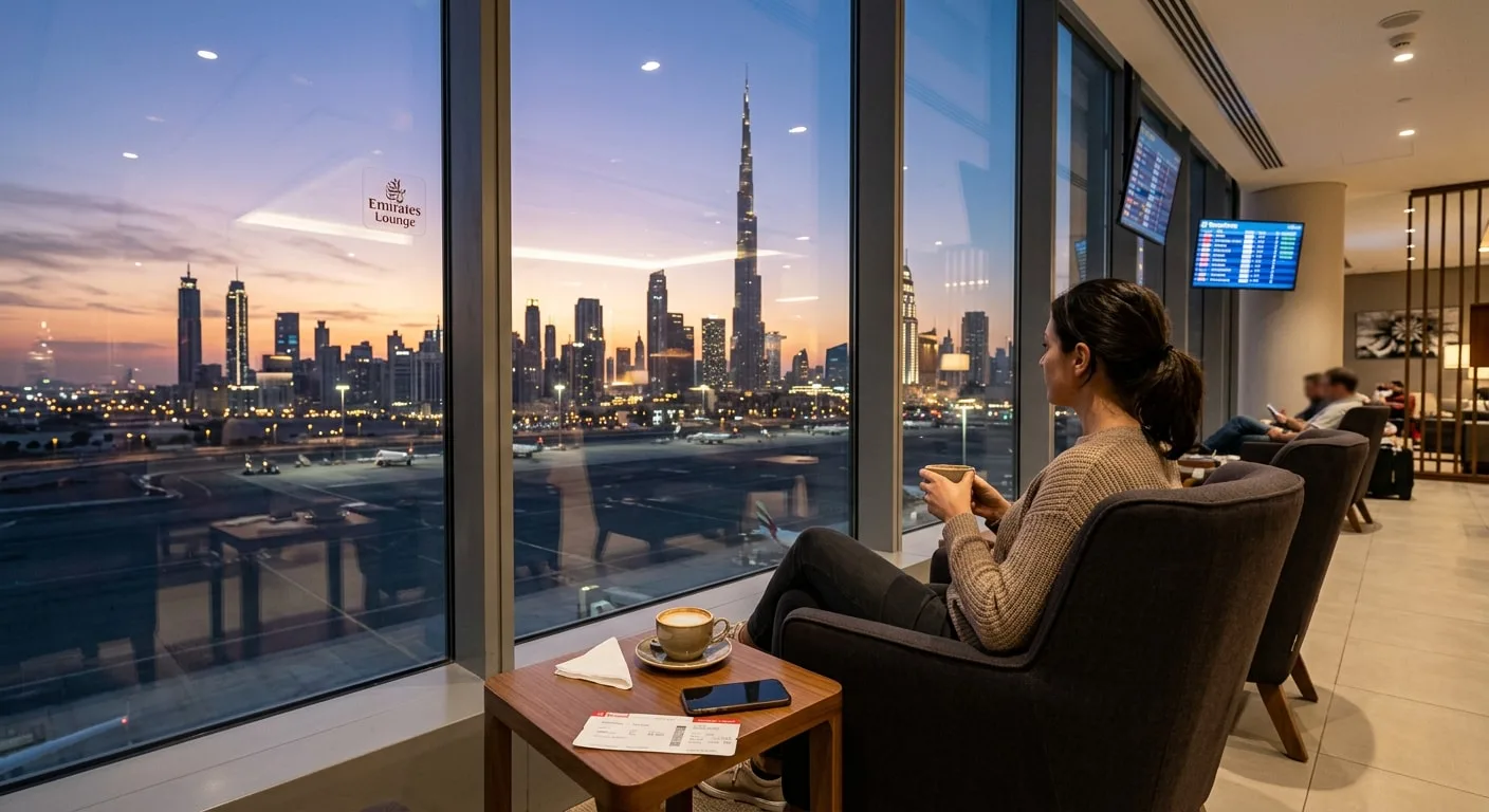 Dubai skyline view from airport lounge during layover stopover