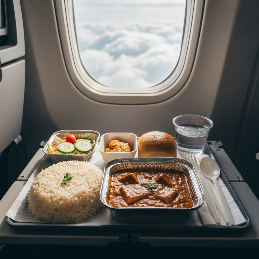 airplane meal tray with Indian vegetarian option for long haul flight