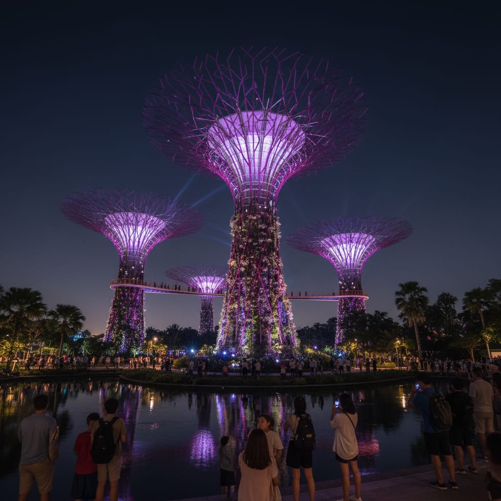 Marina Bay Singapore Supertrees at Gardens by the Bay lit up at night