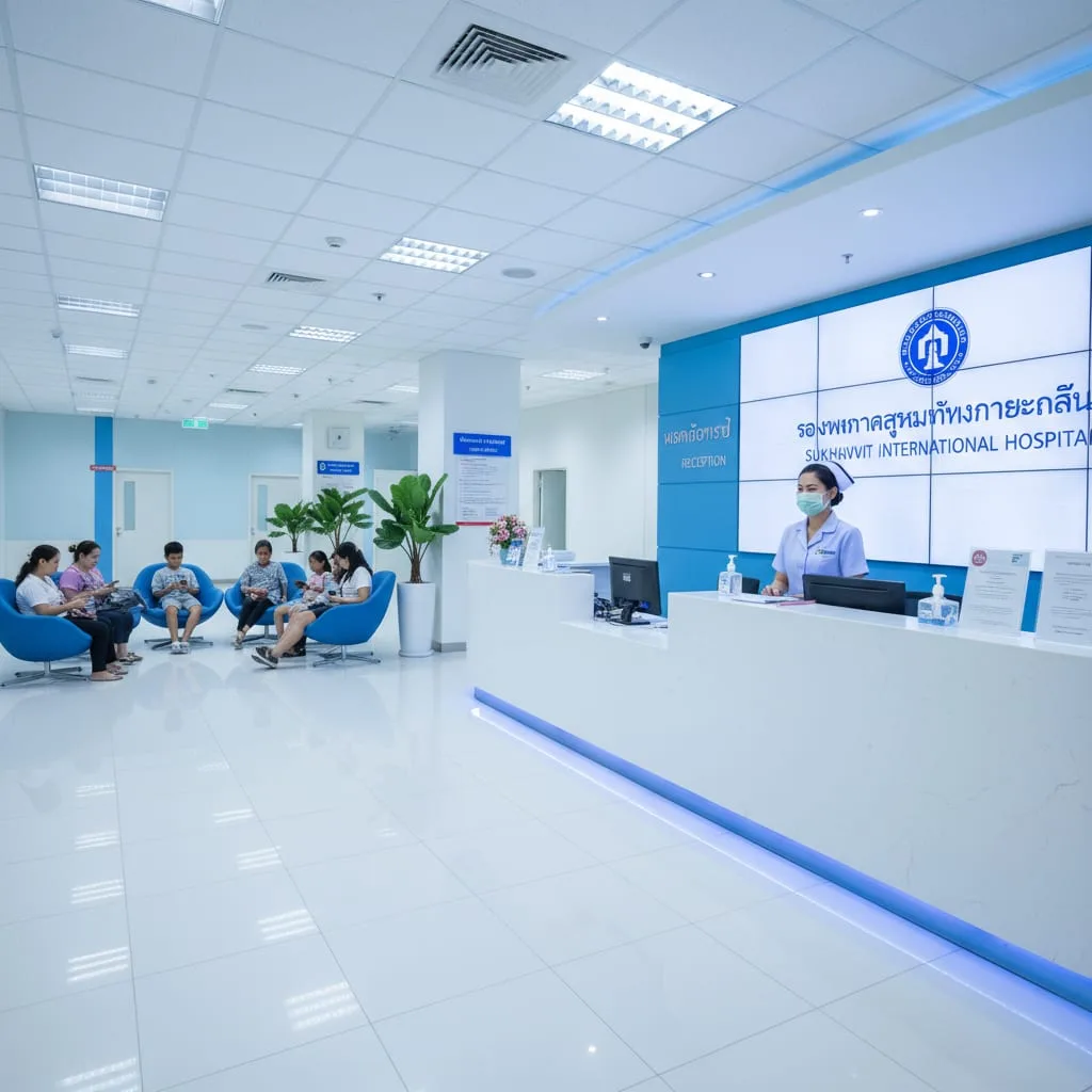 hospital reception in Southeast Asia with multilingual signage and modern interior