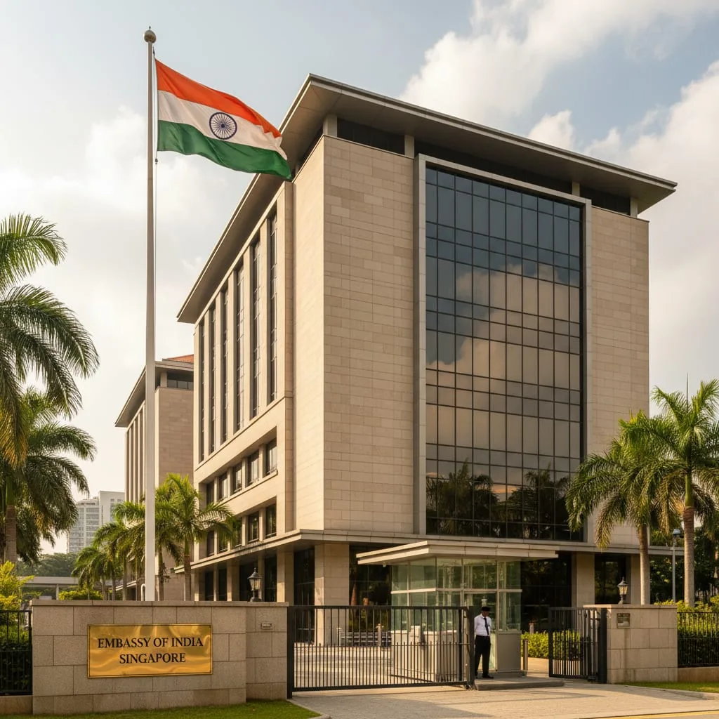 Indian Embassy building abroad with tricolor flag for medical emergency abroad assistance