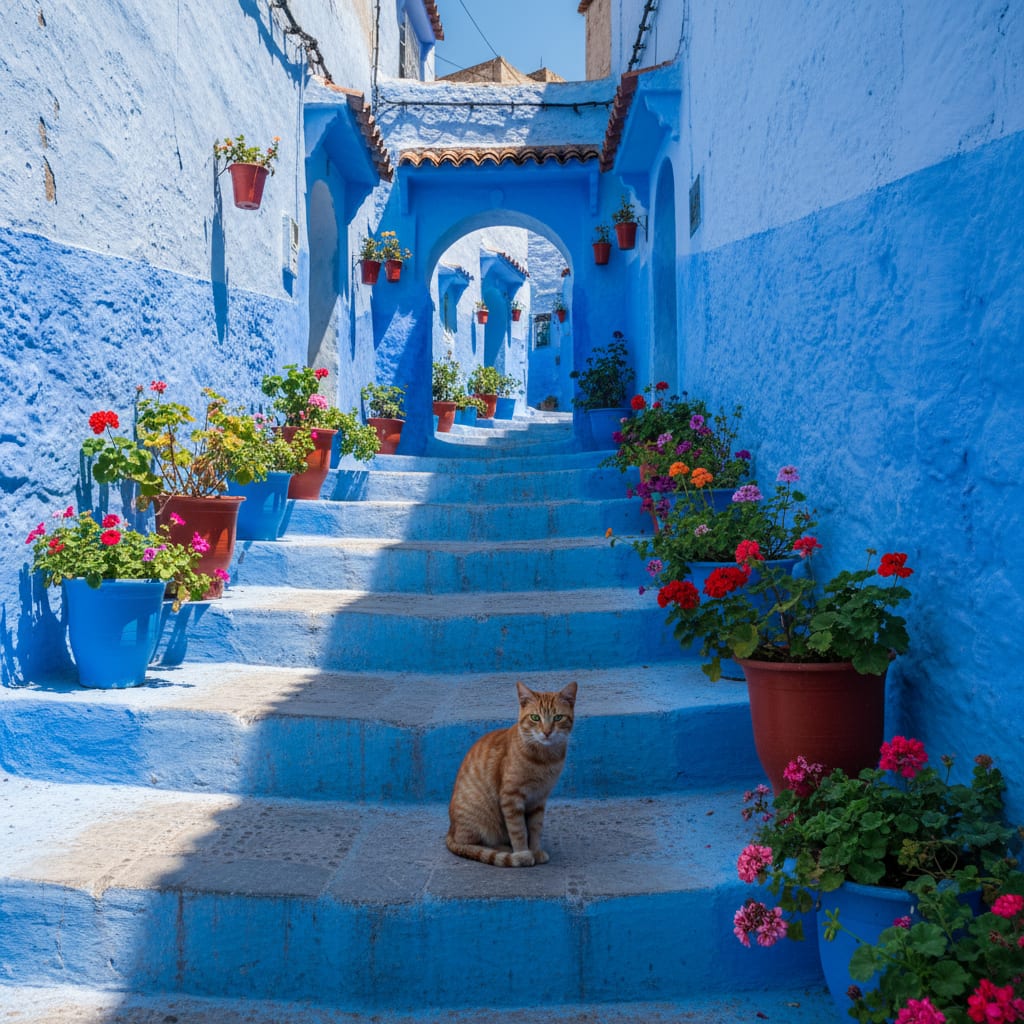 Chefchaouen blue city Morocco - narrow alley with blue painted walls
